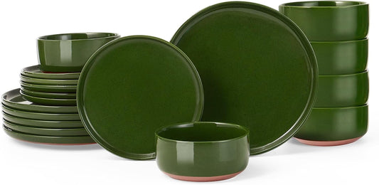 GZG Modern Art Series - 18 Pcs Speckled Stoneware Plates and Bowls Sets, Ceramic Dinnerware Set with Rustic Terracotta Underside, Microwave and Dishwasher Safe Handcrafted Dishes Set - Verdant Green