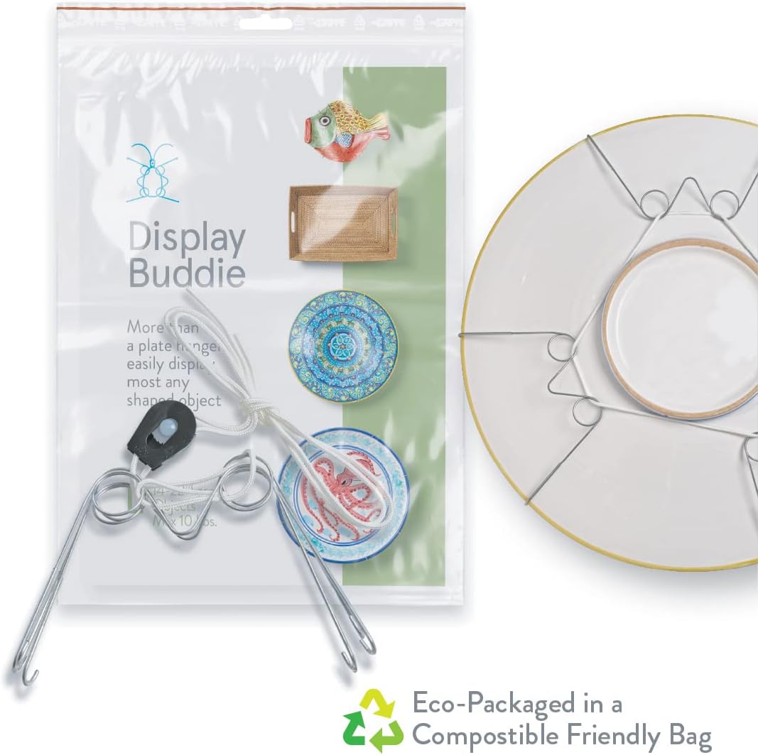 Display Buddie Adjustable Wall Plate Hanger - Secure for Round Platter Bowl Tray Wall Display - Steel - Silicone Hooks - Large 14"-22" up to 8 lbs