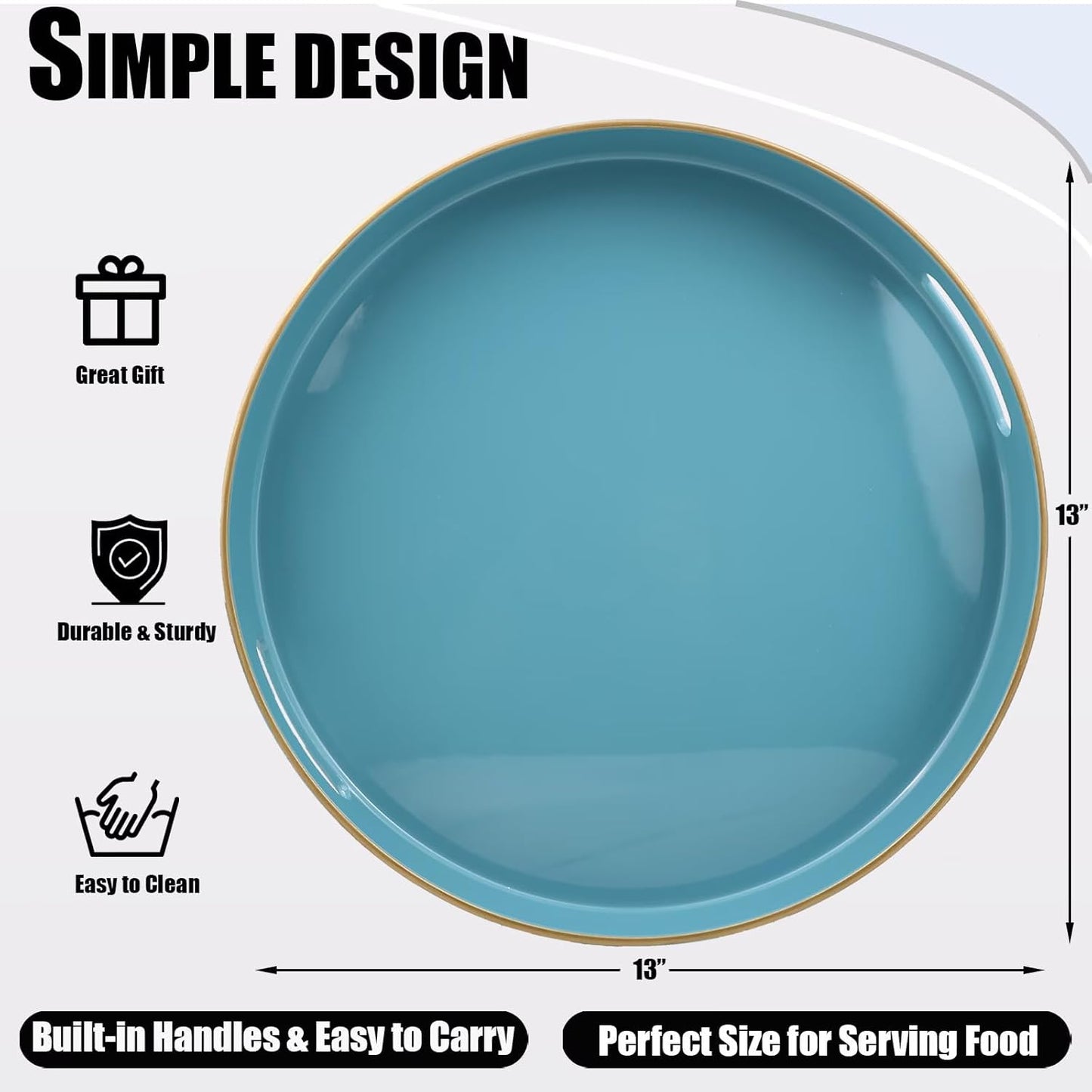 Teal Blue Round Decorative Tray with Handles, 13" Elegant Coffee Table Serving Tray for Ottoman Living Room, Bathroom, Outdoors, Breakfast