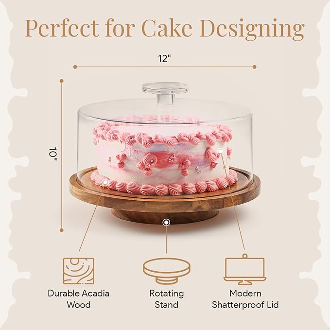 Rotating Cake Stand With Lid - 12 Inch Round Cake Holder with Cover, 4” Tall, Acacia Wood Spinning Cake Turntable for Decorating, Display and Serving Platter, Acrylic Cake Dome, No Glass