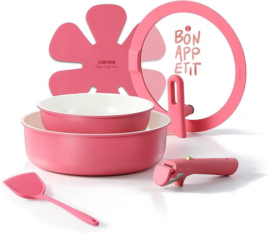 CAROTE Ceramic Pots and Pans Set Non Stick, Nonstick Kitchen Cookware Sets with Lid, Detachable Handle Sauté Pan Set, Non Toxic Frying Pan, Oven Safe, Induction Ready, Pink