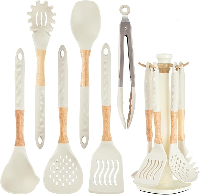 Kitchen Utensils Set - 7 PCS Non-Stick Silicone Cooking Utensils Set with Wooden Handle,Kitchen Gadgets Tools Set for Nonstick Cookware (Cream White-7Max)