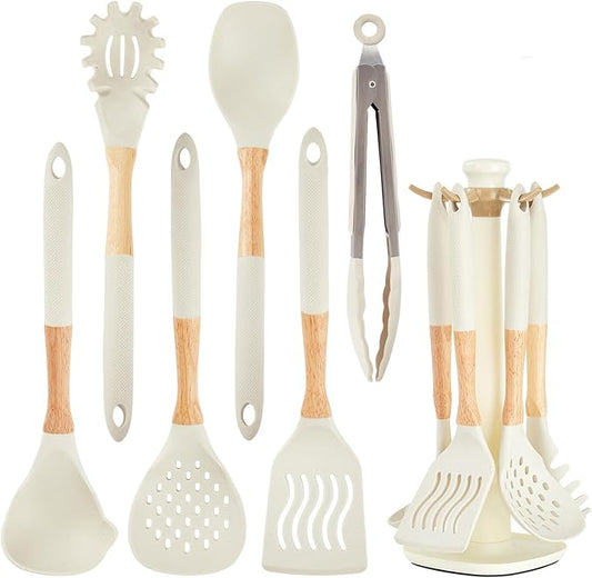 Kitchen Utensils Set - 7 PCS Non-Stick Silicone Cooking Utensils Set with Wooden Handle,Kitchen Gadgets Tools Set for Nonstick Cookware (Cream White-7Max)