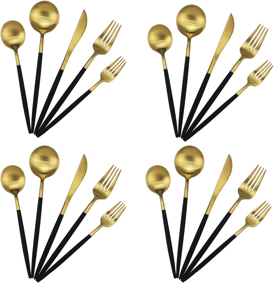 Gugrida 20-Piece 18/10 Stainless Steel Flatware Silverware, Luxury Dinnerware Set Travel Cutlery Tableware Include Knife Fork Spoon Service for 4, Dishwasher Safe (Black Handle Matte Gold)