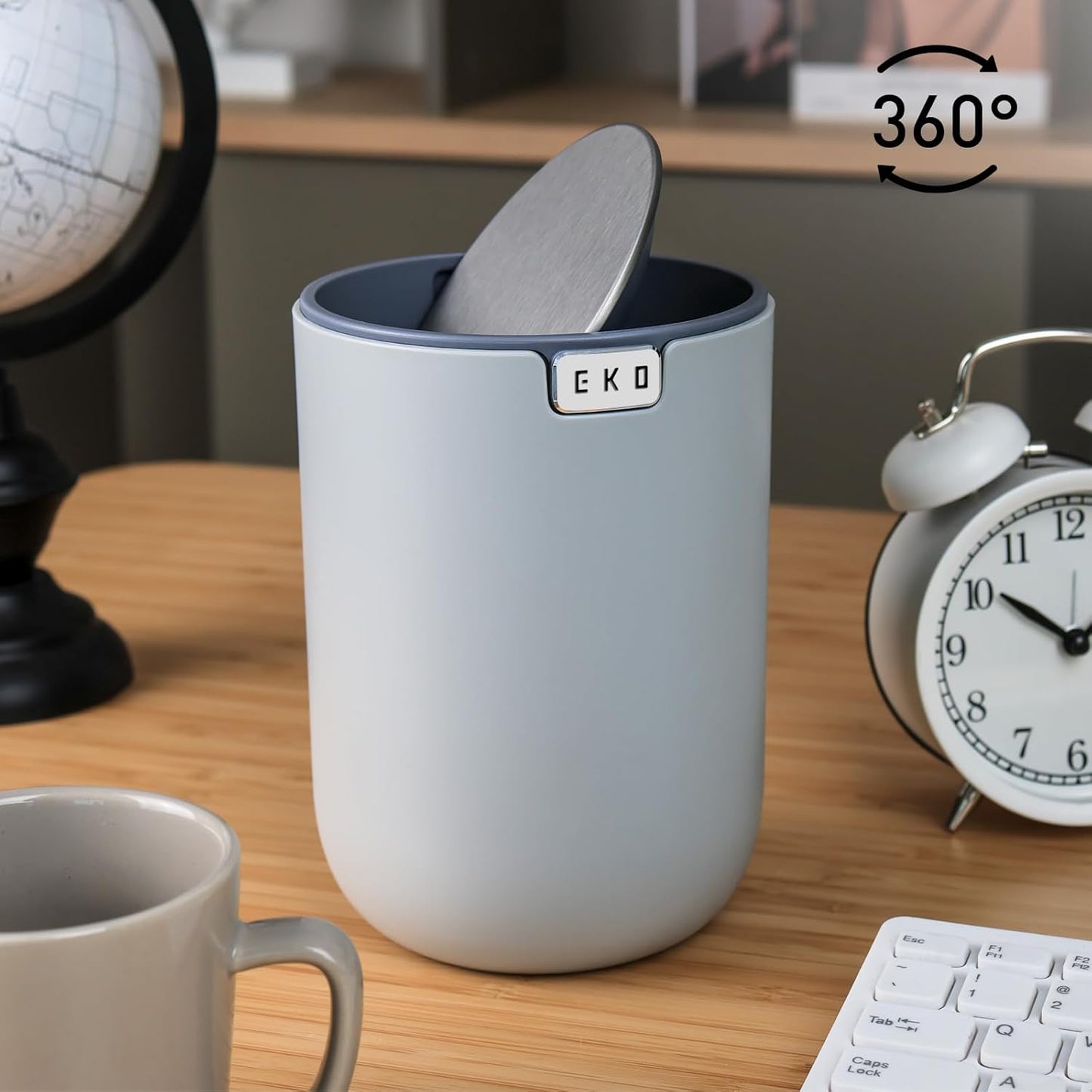 EKO Mini Desk Trash Can with Swing-Top Lid 0.4 Gallon Small Table Round Wastebasket for Office, Home, Car (Grey)