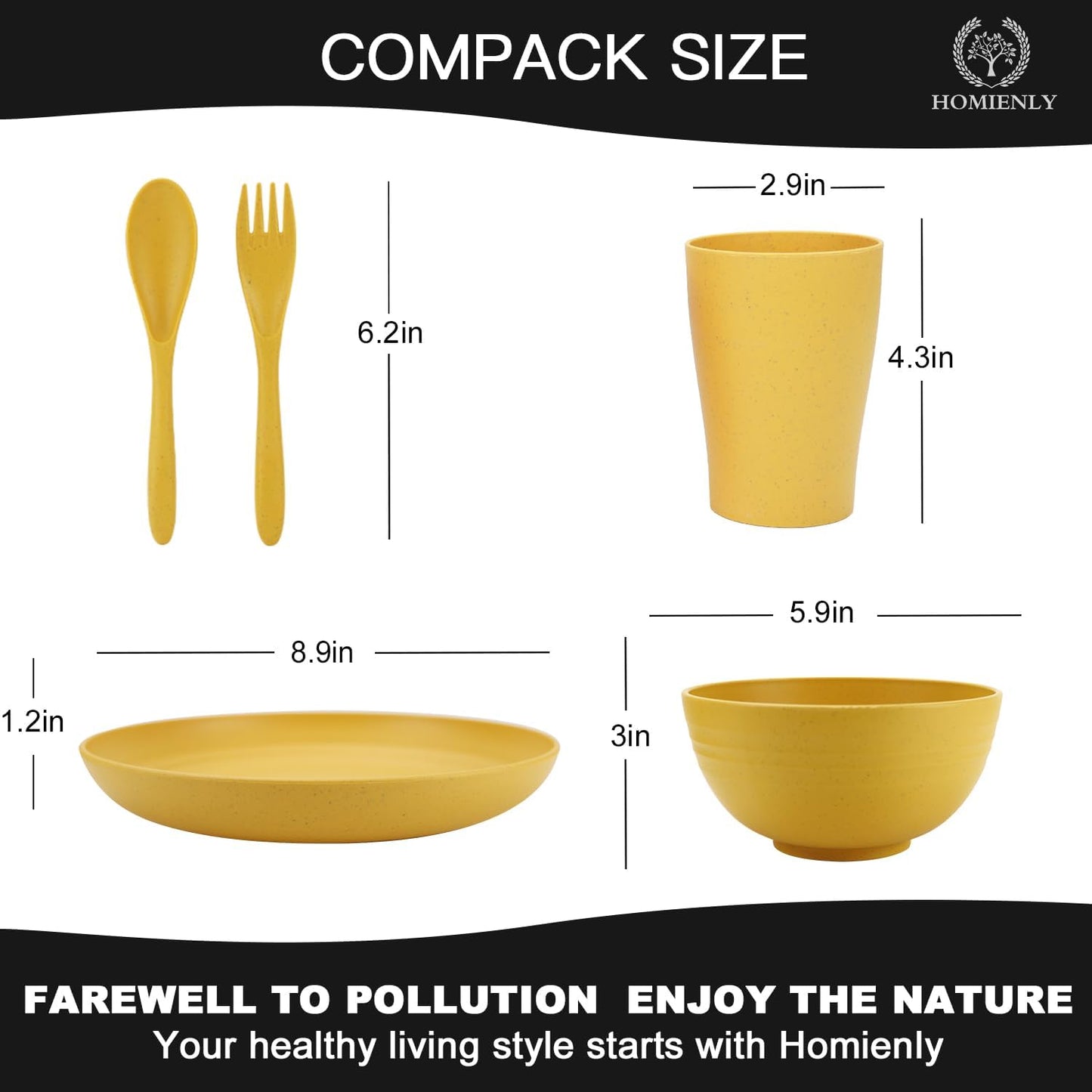 Wheat Straw Dinnerware Sets, Homienly 20pcs Unbreakable Microwave Dishwasher Safe Tableware Lightweight Bowls, Cups, Plates Set Reusable Dinner Plates Bowls set (Yellow)