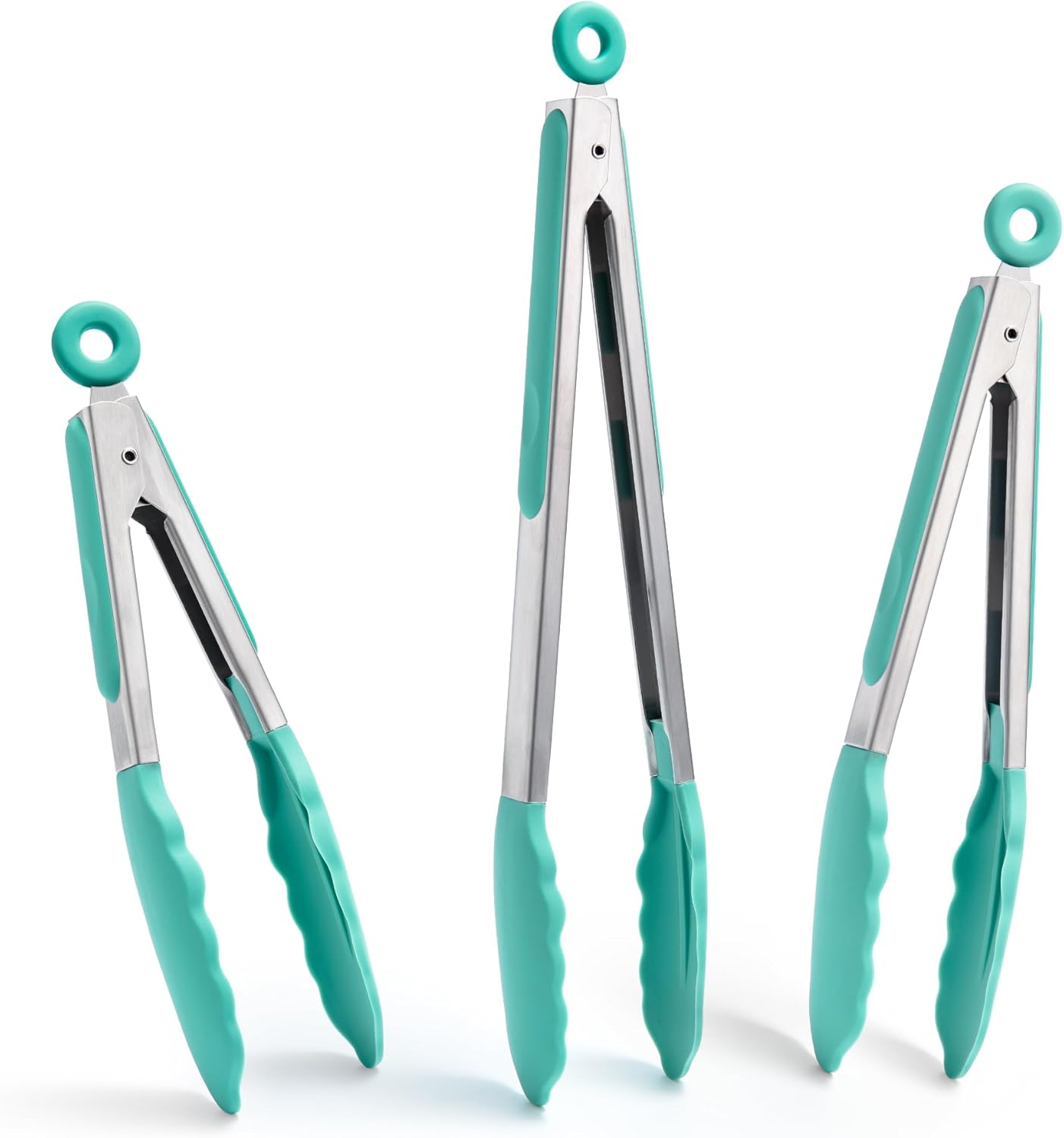 Doosu Kitchen Tongs for Cooking - 600°F Heat Resistant Food Tong Set with Non-Scratch Silicone Tips, Heavy Duty Stainless Steel Locking Tong for BBQ, Grilling Steak, Serving (7+9+12in, Aqua Sky)