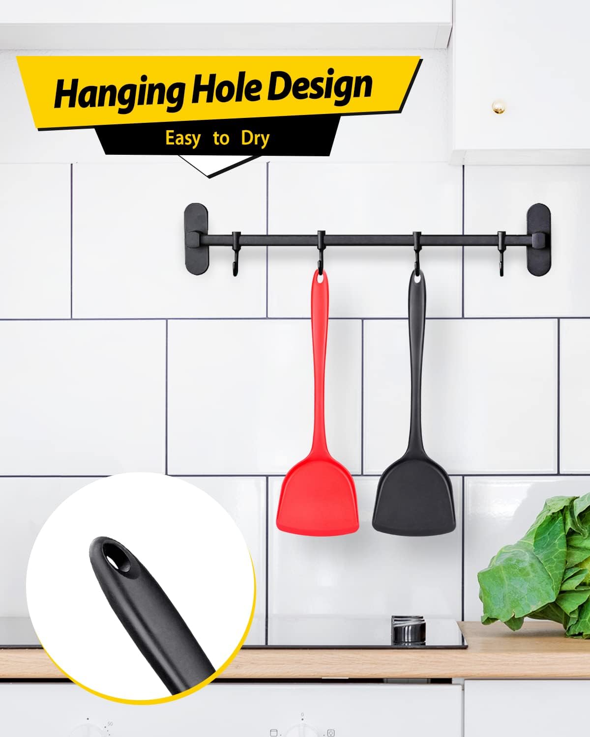 Pack of 2 Silicone Wok Spatula, Non-Stick, Heat Resistant, Easy to Clean and Dishwasher Safe, Seamless Kitchen Utensil for Cooking, Baking, Stir-Fry (Black-Red)
