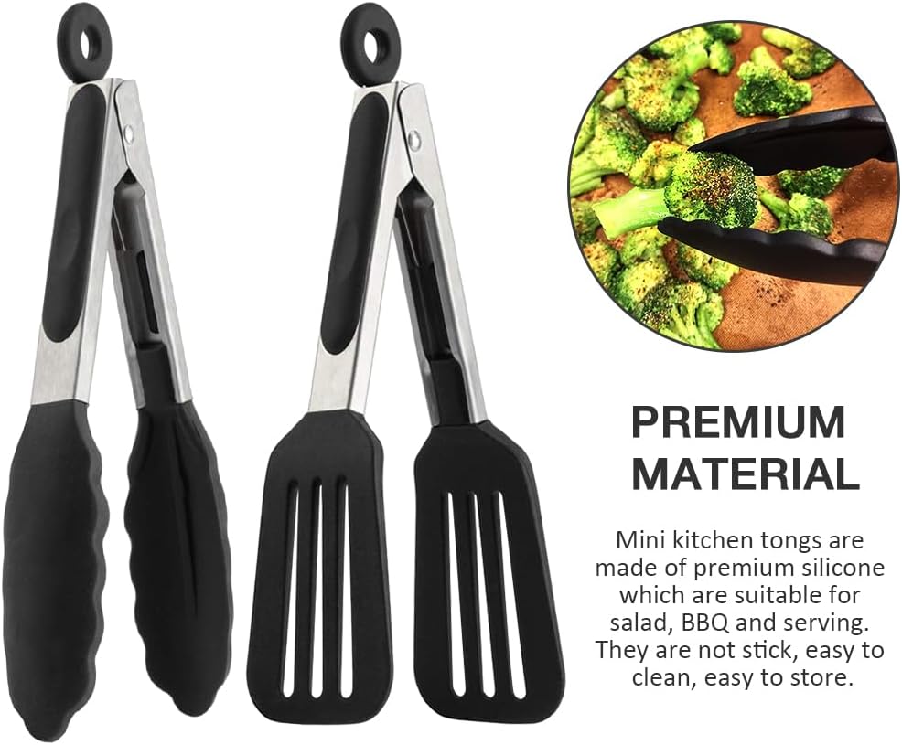 Mini Silicone Tongs Set of 2, Small Serving Tongs (7 inch) with Silicone Tips and Stainless Steel Handle, Great for Steaks, Salads, Vegetables