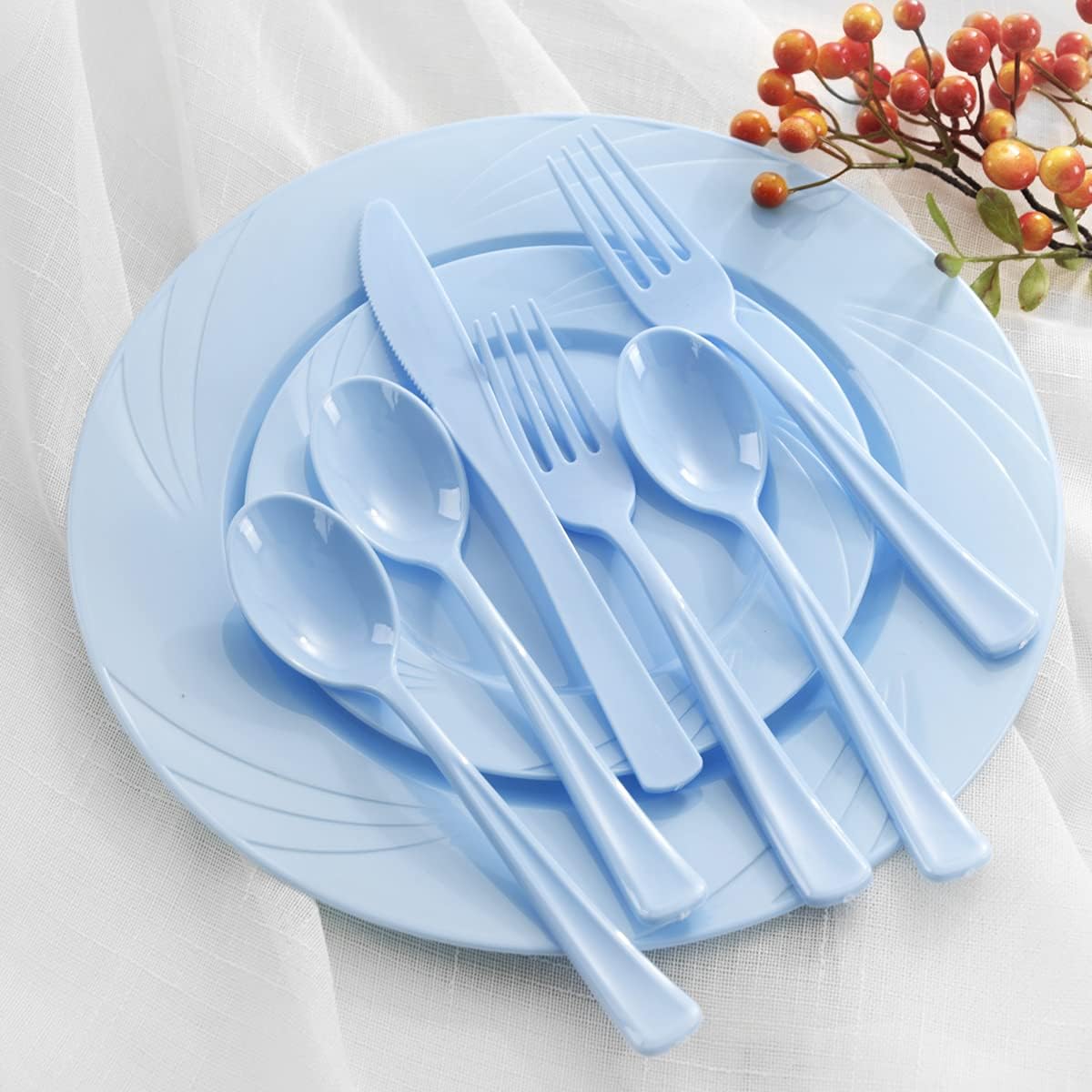 YOUBET 125Pieces Blue Plastic Plates - Blue Baby Shower Plates Disposable - Include 25 Dinner Plate 25 Dessert Plate 25 Forks 25 Knives 25 Spoons for Birthday Party & Baby Shower Gifts