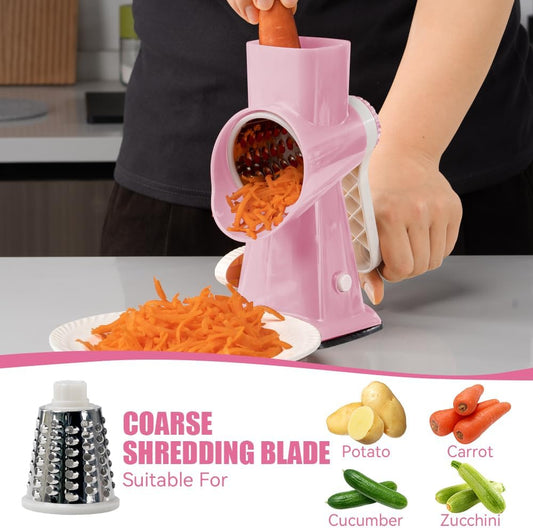 KEOUKE Rotary Cheese Grater Hand Crank Pink - Shredder Slicer Grinder 3 Stainless Steel Blades, Stable Suction, Labor-Saving Handle, Safe Kitchen Tool for Cheese, Vegetable, Nuts, Chocolate