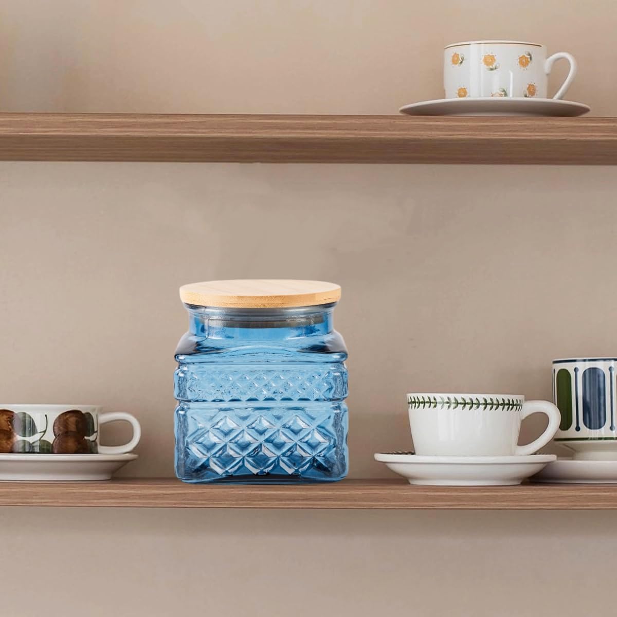 Glass Storage Canister with Airtight Lids, 20.3 oz Candy Jar Cute Jar for Ground Coffee, Tea Bag, Snacks Vintage Decorative Glass Jars for Coffee Bar Kitchen Counter Table