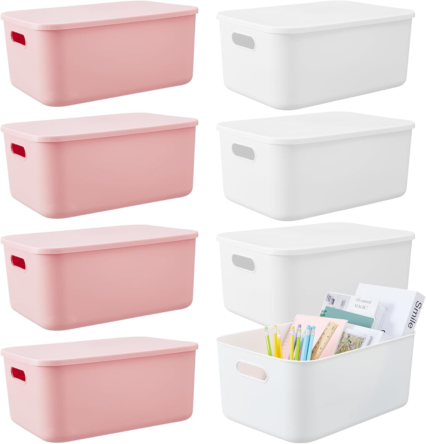 Hoolerry 8 Pieces Colorful Storage Bins with Lid, Plastic Storage Basket Organizing Container Stackable Box with Handle for Shelves Desktop Playroom Office(13.8 x 9.8 x 5.9 Inch,White and Pink)