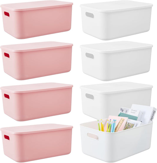 Hoolerry 8 Pieces Colorful Storage Bins with Lid, Plastic Storage Basket Organizing Container Stackable Box with Handle for Shelves Desktop Playroom Office(13.8 x 9.8 x 5.9 Inch,White and Pink)