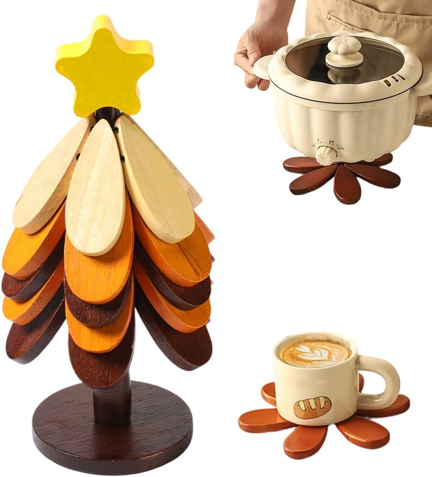 Wooden Trivets for Hot Dishes, 2026 New Handmade Wooden Christmas Tree Coasters for Bowls Teapots Drinks Plates, Home Table Decor, Tree Shape Trivet Set of 4 for Hot Pot Pans (B)