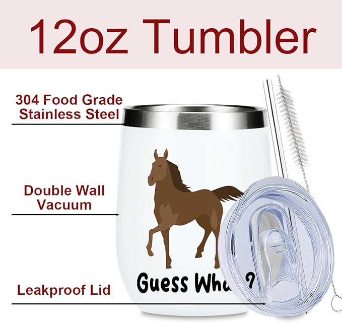 VICBOU Cute Funny 12 oz Tumbler, Wine Tumbler Insulated Wine Glass with Lid, Horse Gifts for Girls Boys Women Men Animal Lovers Horse Supplies Accessories Friendship Appreciation Christmas Birthday