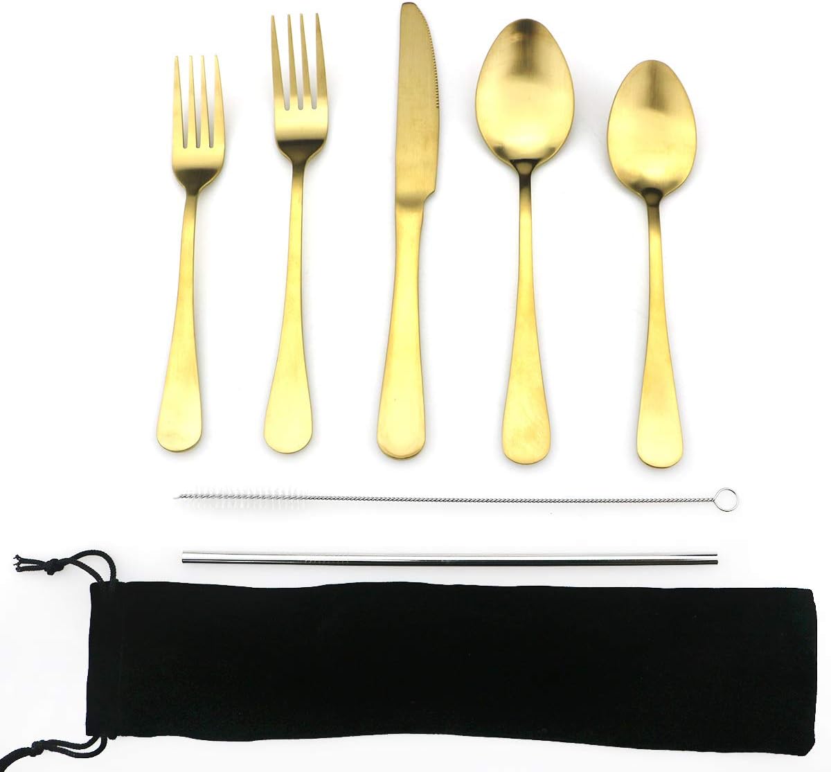 JASHII Modern Royal 5 Pcs Matte Gold 18/10 Stainless Steel Utensils Cutlery Dinnerware Set w/Drinking Straw, Knife Fork and Spoon Flatware Set for Wedding Festival Christmas Party Service for 1