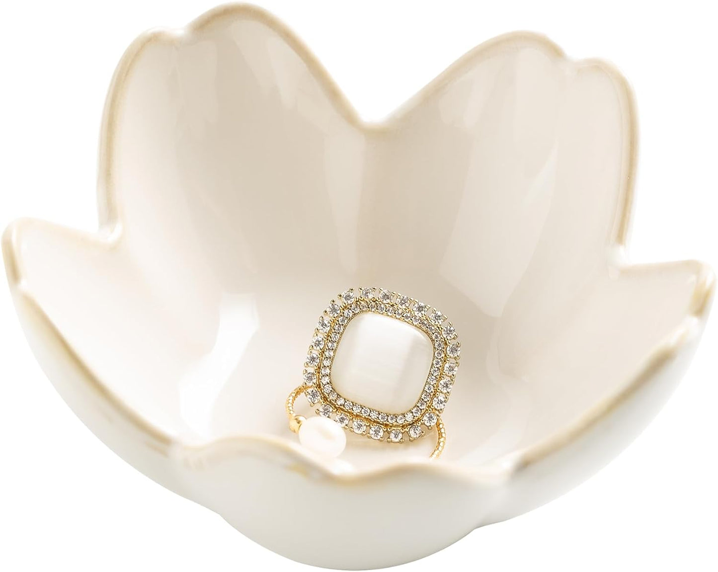 Flower Ring Holder Dish, Ceramic Jewelry Tray Dish, Small Trinket Dish, Jewelry Plate Bowl, Cute Jewlery Ring Holder Dish, Aesthetic Room Decor, Christmas Birthday Gifts for Women, 1 pack (white)