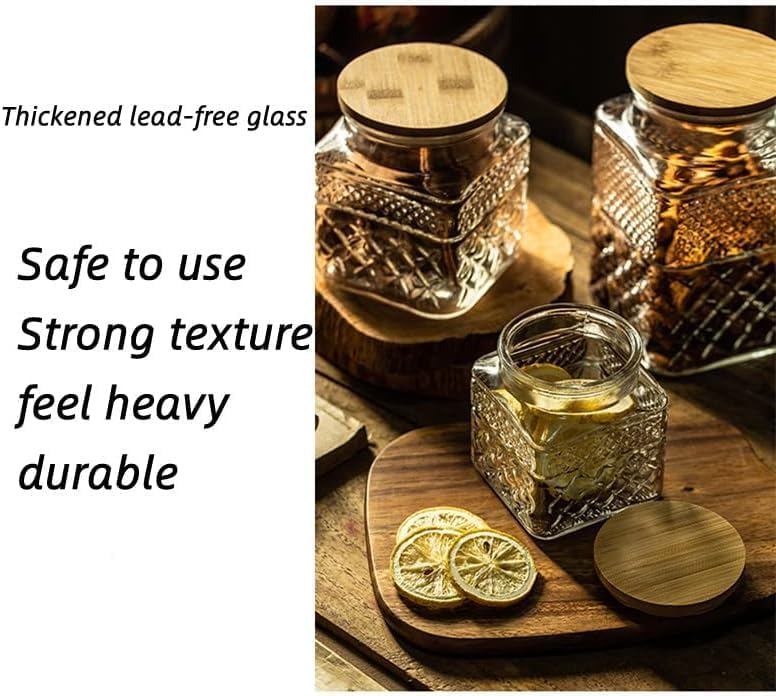 Glass Storage Canister with Airtight Lids, 20.3 oz Candy Jar Cute Jar for Ground Coffee, Tea Bag, Snacks Vintage Decorative Glass Jars for Coffee Bar Kitchen Counter Table