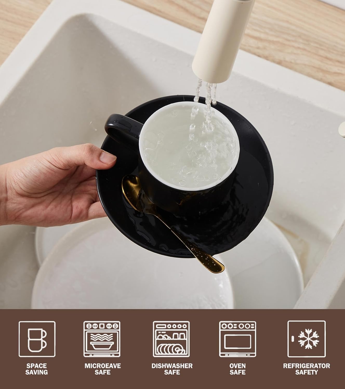 Lareina 8 Ounce Porcelain Cappuccino Cups Set of 4, Stackable Coffee Cups with Saucers, Spoons and Metal Stand -for Specialty Coffee Drinks, Cappuccino, Latte, Americano and Tea, Black