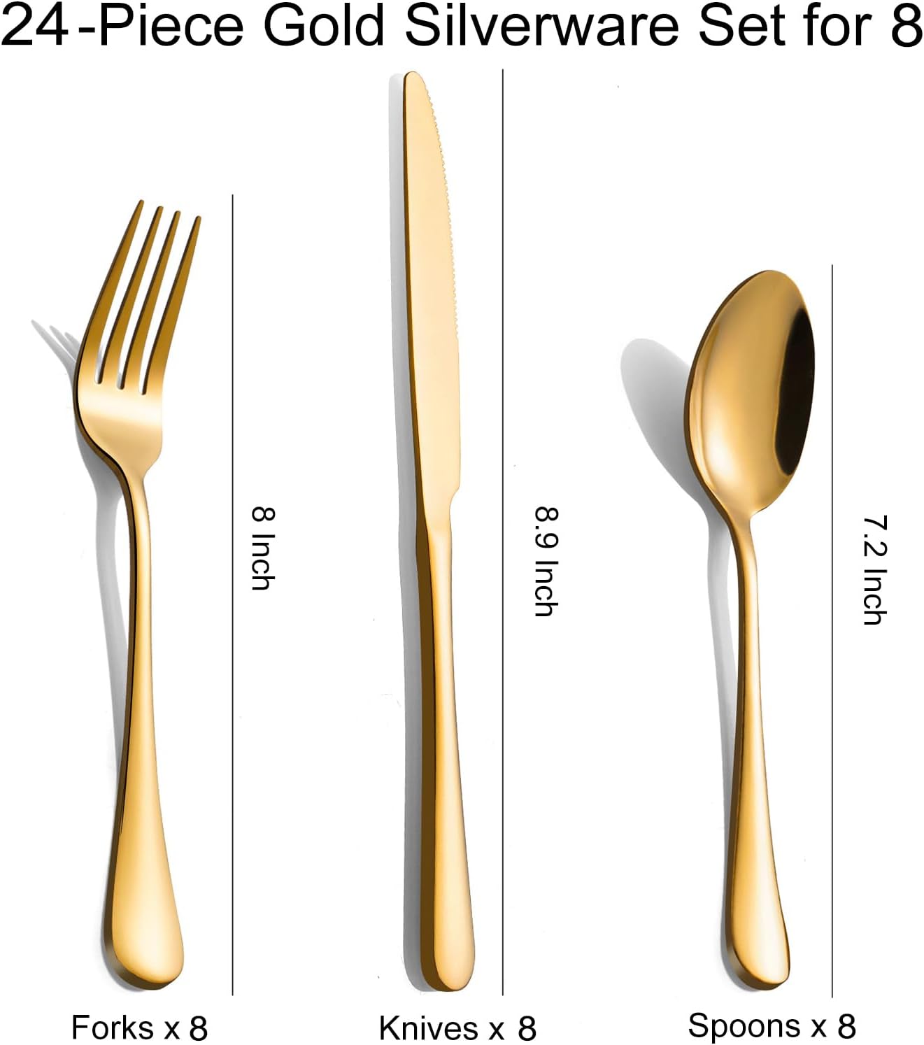 24-Piece Gold Silverware Set for 8 - Stainless Steel Flatware Cutlery Set, Mirror Polished Gold Flatware Set Include Forks Spoons Knives for Home Wedding Restaurant, Dishwasher Safe, 24 PCS