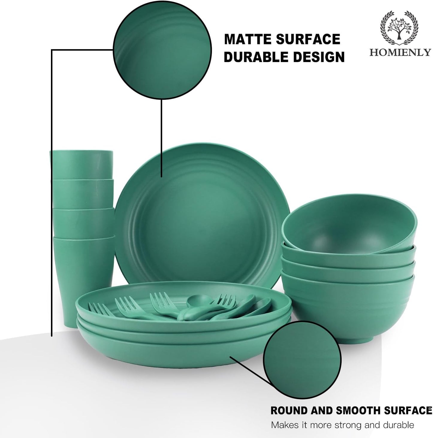 Wheat Straw Dinnerware Sets, Homienly 20pcs Unbreakable Microwave Dishwasher Safe Tableware Lightweight Bowls, Cups, Plates Set Reusable Dinner Plates Bowls set (Green)