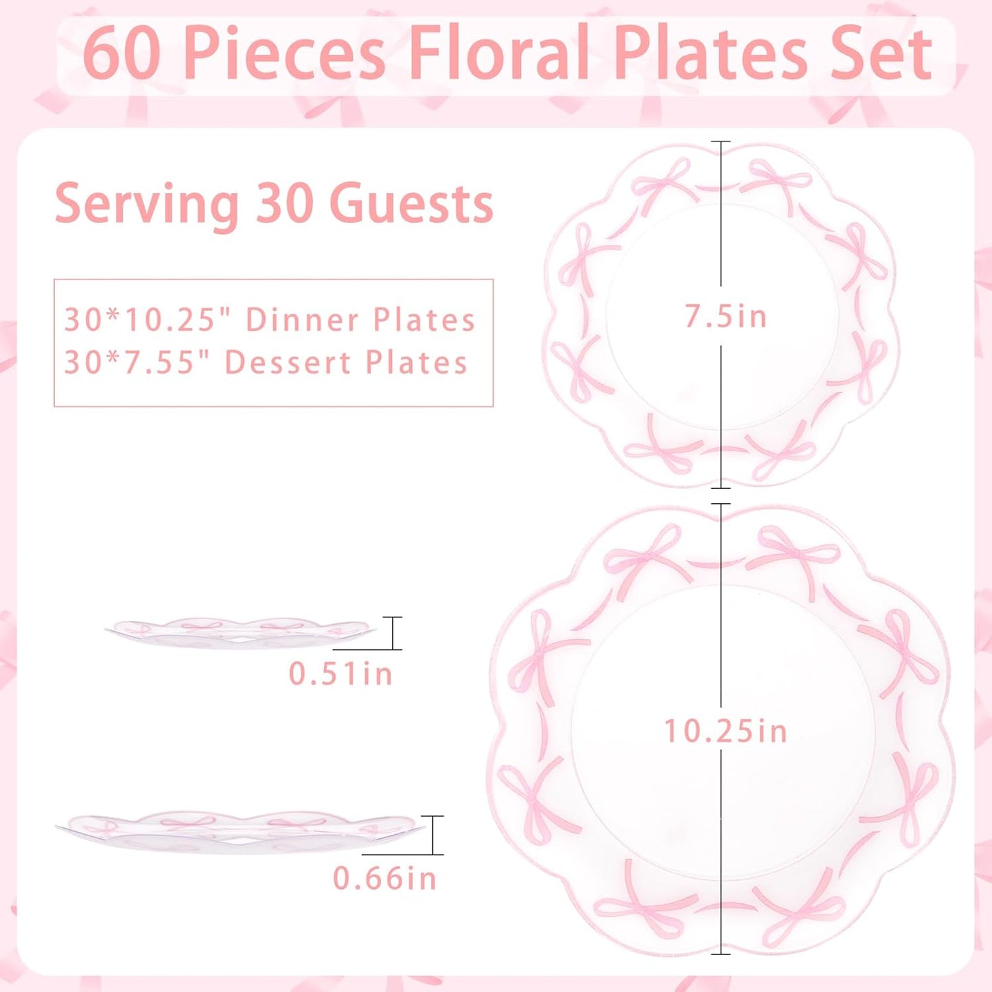 LIYH 60 Pcs Pink Plastic Plates for Party Bow Plates - Pink Porcelain Scalloped Plastic Plate Disposable Heavy Duty for Wedding Bridal Shower Floral Dinnerware Set - 10.25" Dinner & 7.5" Dessert Plate