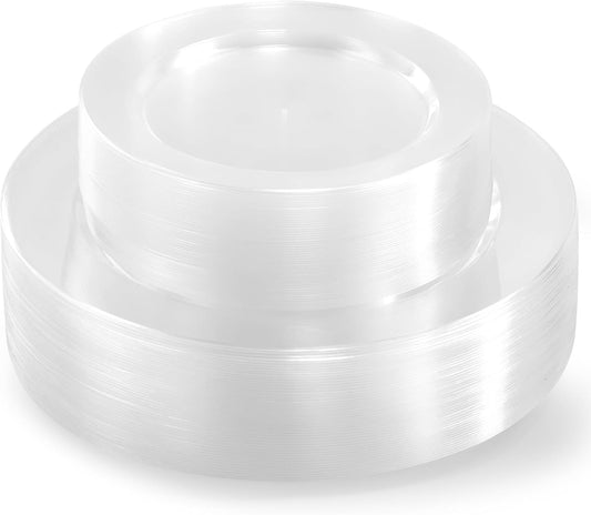 100 PCS Clear Plastic Plates, Plastic Disposable Plates Include 50 Dinner Plate and 50 Dessert Plate Perfect for Holiday, Birthday, Wedding & Party