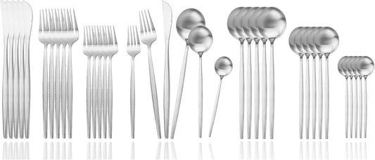 JASHII Silverware Set, 36 Piece Food Grade Stainless Steel Flatware Set Fork Spoon Knife Utensils for Daily Use and Party, Service for 6 Anti Rust, Safe in Dishwasher (Matte Silver)