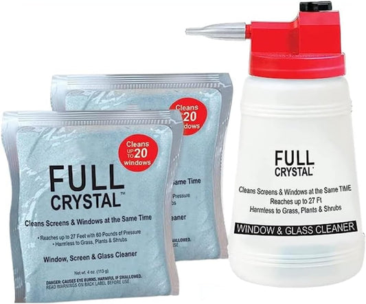 Full Crystal Window Cleaning Kit- 8 oz Glass Cleaner and Bottle with 27ft Reach will clean up to 40 Windows- Scrub Free, Rinse Free Glass Cleaner Spray Removes Dirt, Grime and Water Deposits