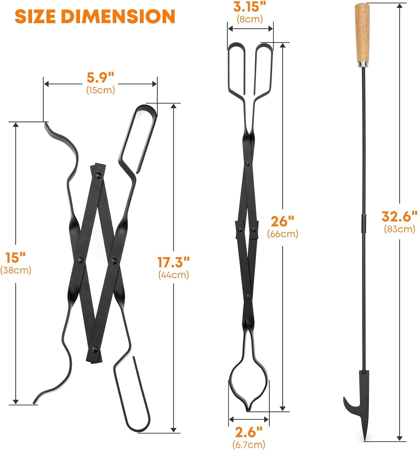 Stanbroil 26” Campfire Fireplace Tongs and 32” Premium Steel Fire Pit Campfire Poker Tool Sets, Heat Resistant Tool for Fireplace Camping Wood Stove Indoor and Outdoor Use