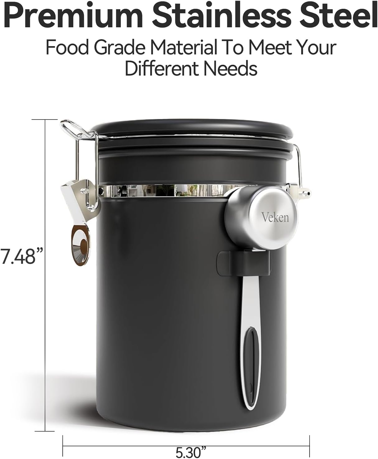 Veken Coffee Canister with Window,Airtight Stainless Steel Container,Home Kitchen Food Storage Organizers for Grounds,Beans,Espresso,Rice,Tea,Sugar,Cereal, Flour,Scoop,Bar Accessories,Gifts,22OZ,Black