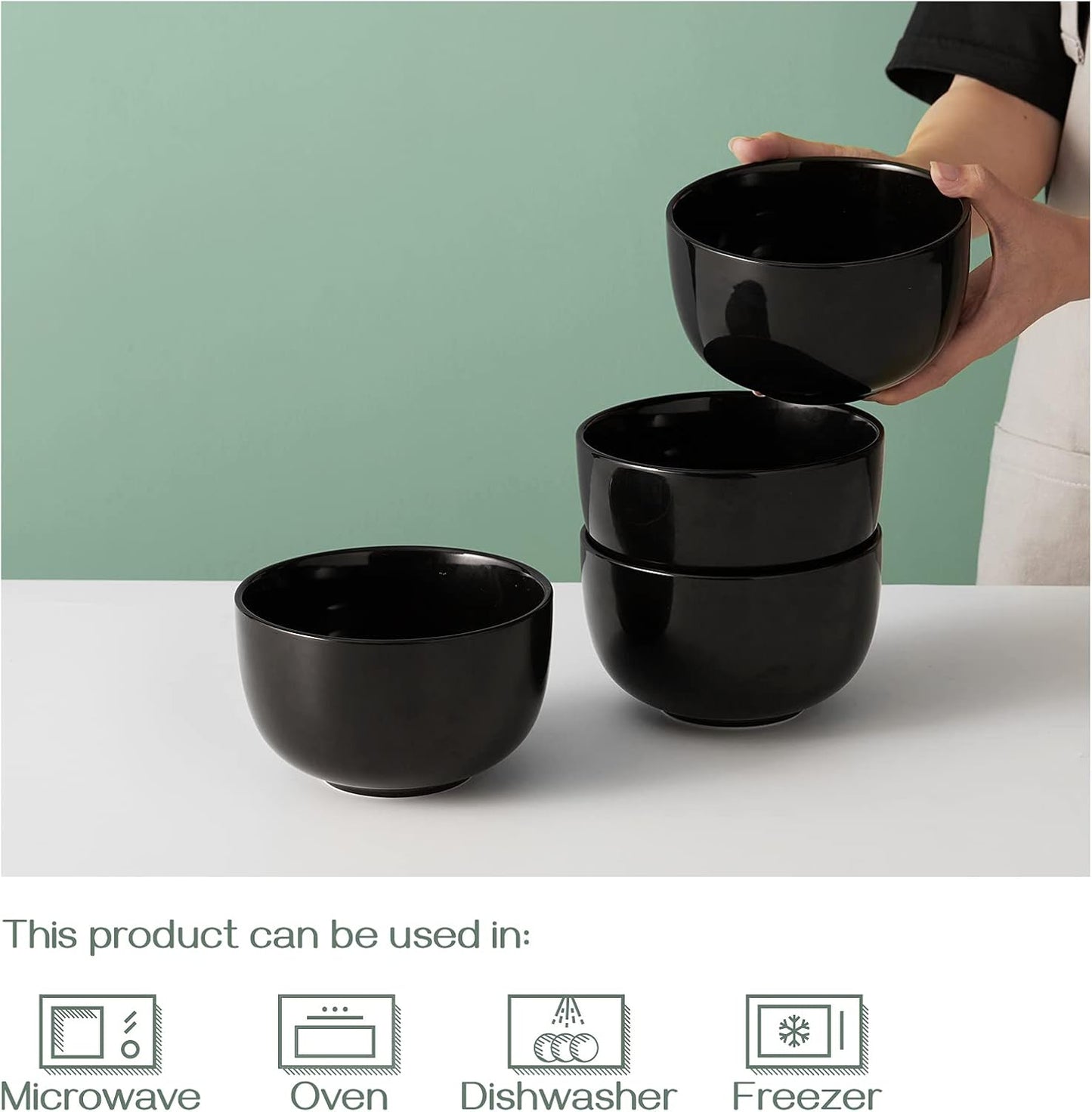 DOWAN 5.8" Deep Soup Bowls & Cereal Bowls - 30 Ounces Large Bowls Set of 4 for Kitchen - Ceramic Bowls for Cereal, Soup, Oatmeal, Salad, Ramen, Noodle, Rice - Dishwasher & Oven Safe (Black)