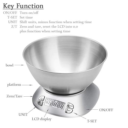 Digital Kitchen Scale with Removable Bowl 2.5L Volume, Electronic Stainless Steel Food Scale for Cooking Baking, Room Temperature, Alarm Timer, 12lb 5.5kg, Batteries Included