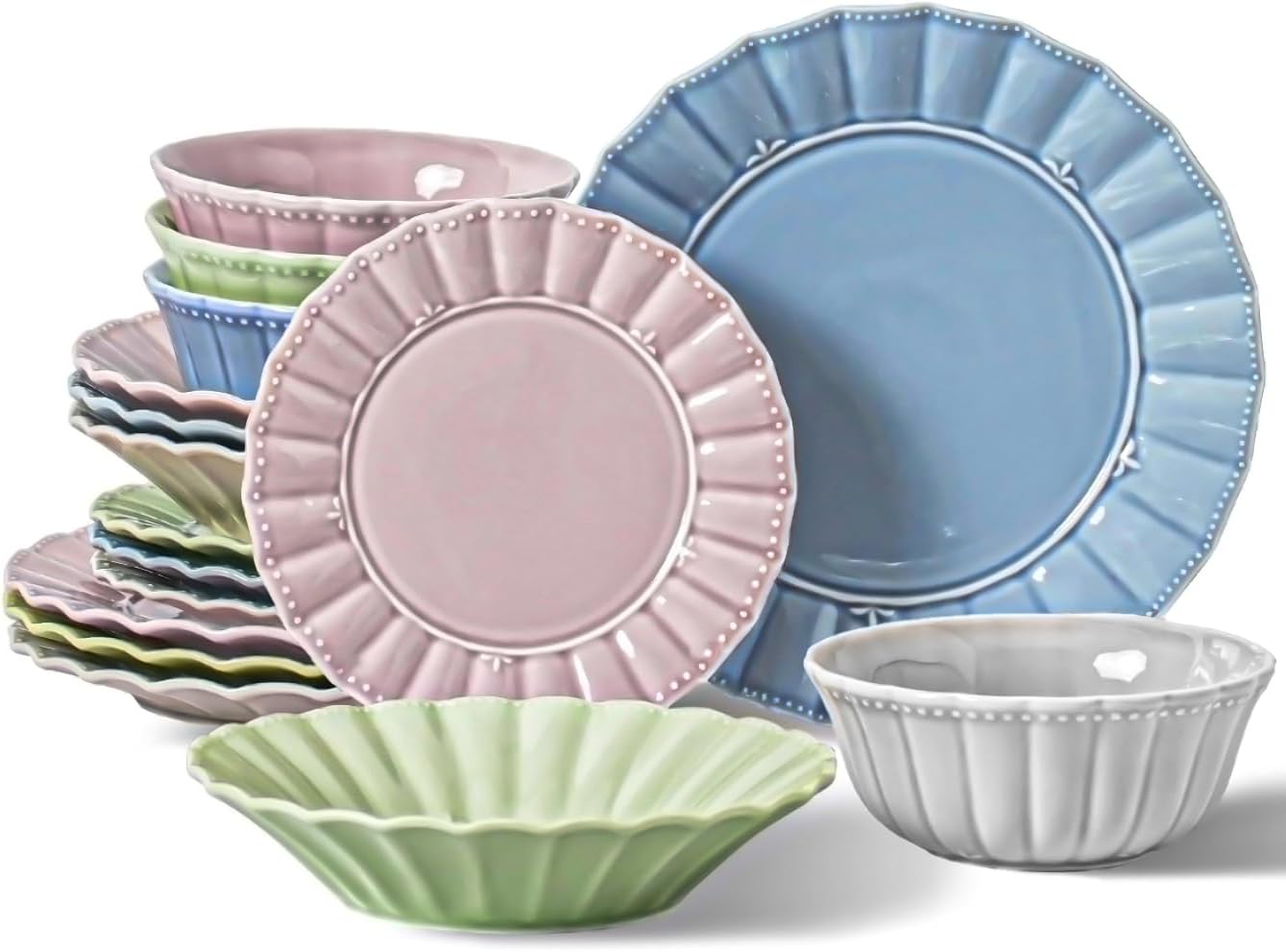 Dinnerware set, 16 Piece plates and bowls sets for 4, Ceramic Mordern dish set for party, Porcelain dish set, House gift, Microwavable safe, Mixed Colors