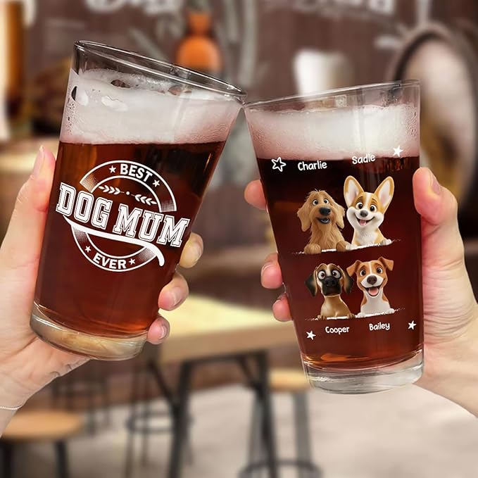 Wrappiness Best Mom Dad Logo Personalized Custom Beer Glass - 16oz Glassware for Beer Soda Cocktails - Gift for Dog Lovers, Father's Day, Birthday Gift for Parents (B01, 1 Dog)