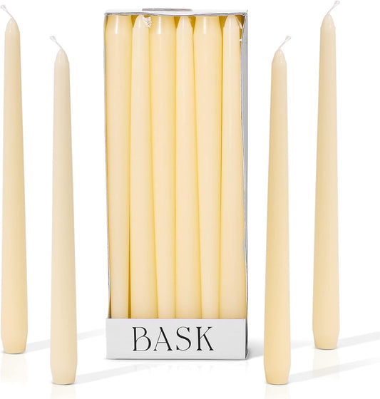 Bask 10-inch Taper Candles - Unscented and Dripless - Burns for 8 Hours - Home Decor for Dinner Table, Kitchen, and Bedroom - Perfect for a Romantic Date or Anniversary - 12-Pack - Ivory