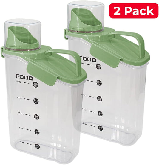 Two Pack Food & Cereal Storage Container - 2.6L Airtight Plastic Kitchen Organizer Bin with Pouring Spout, Measuring Cup Lid, Ideal for Dry Food, Rice, Sugar, Pet Food dispenser - BPA free (Green)