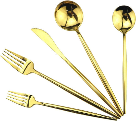 Gugrida Portable Silverware Set - 20-Piece Flatware Cutlery Set - 18/10 Stainless Steel - Mirror Polishing Gold - Travel Elegant Modern Utensils - Service for 4 Include Steak Knife Dinner Fork Spoon