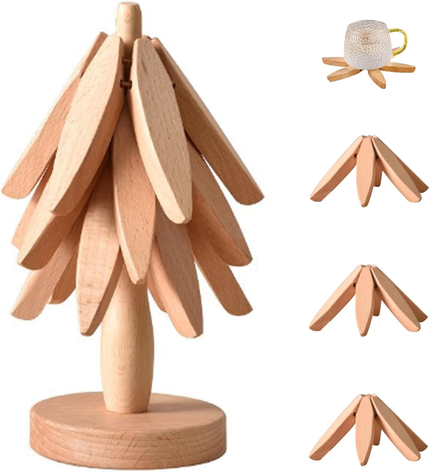 Wooden Trivets for Hot Dishes, Tree Trivet Set, Stackable Tree Coasters for Hot Dish, Pot, Bowl, Teapot, Includes 4 Trivets, 1 Stand, and 4 of Choice (Natural Wood)