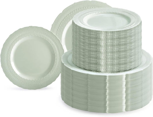 " OCCASIONS " 240 Plates Pack,(120 Guests) Extra Heavyweight Vintage Wedding Disposable/Reusable Plastic Plates 120x11'' Dinner + 120x8.25'' Salad/Dessert Plate (Chateau Mint)