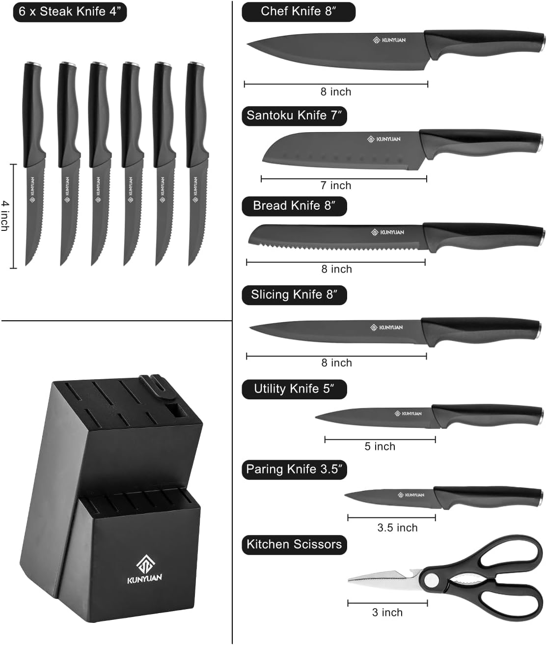 KUNYUAN Kitchen Knife Set, 15-Piece Knife Set with Self-Sharpening Block, Ergonomic Design, 6 Steak Knives, Anti-Slip Handle, Black