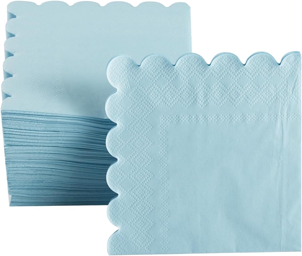 100 Pack Cocktail Napkin 2-Ply Scalloped Edged Dessert Napkins Folded 5 x 5 Inches Disposable Napkins for Dinner Wedding Birthday Party Bridal Anniversary Reception Event (Light Blue)