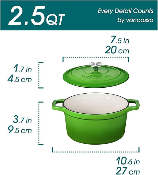 vancasso Enameled Cast Iron Dutch Oven, 2.5 QT Green Naturally Non-Stick Casserole Dish Cookware, with Stainless Steel Knob Lid Cast Iron Casserole for Steam Braise Bake Broil Saute Simmer Roast