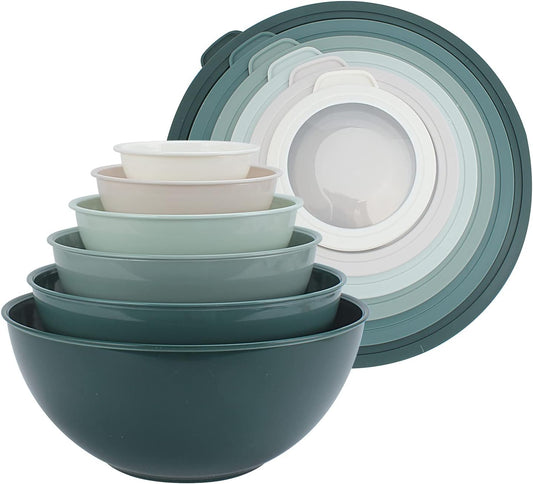 COOK WITH COLOR Nesting Mixing Bowls - 12 Piece Plastic Bowl Set with Lids, Microwave Safe (Green)