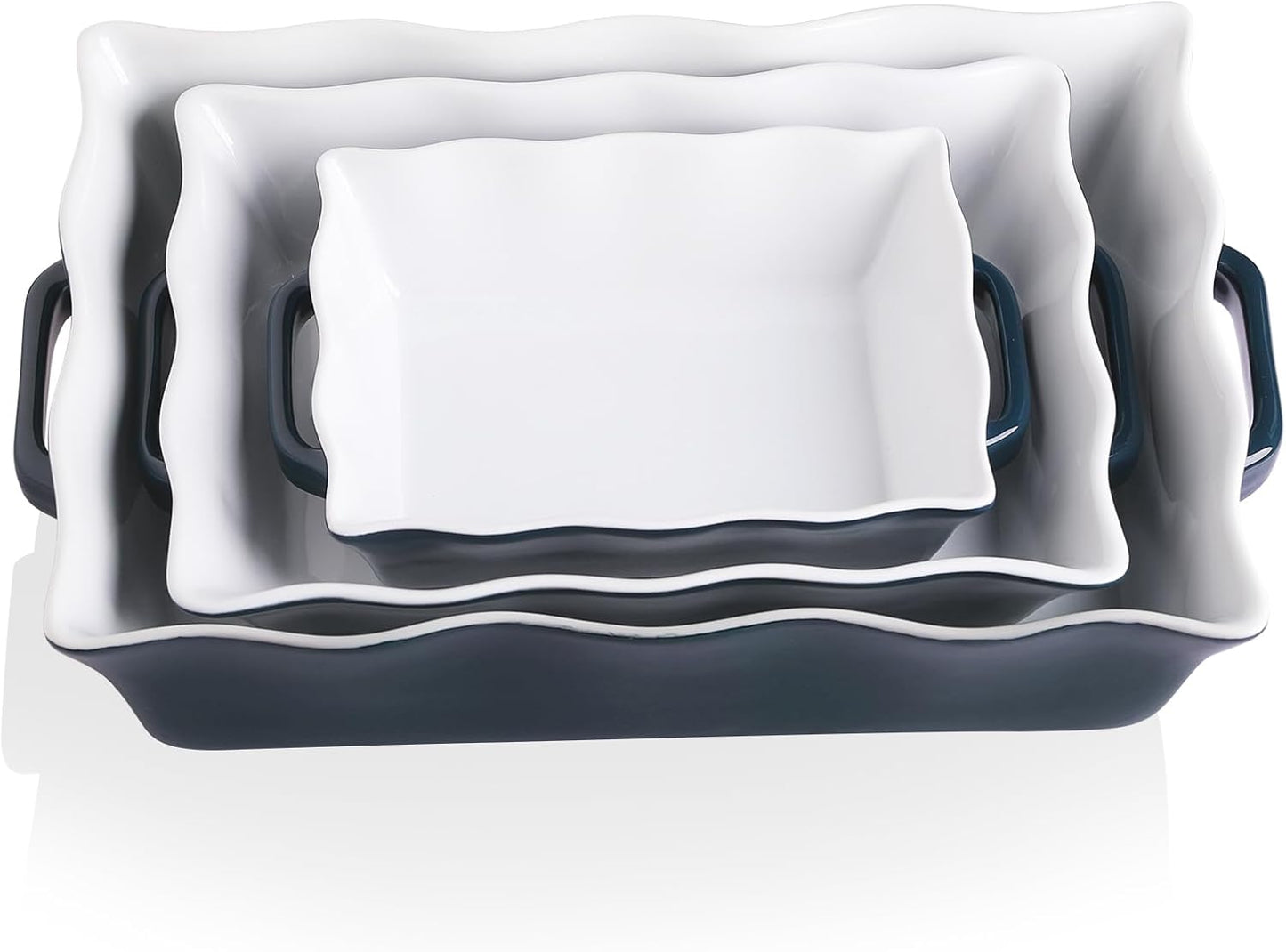 Sweejar Casserole Dishes for Oven, Ceramic Bakeware Set of 3, Rectangular Baking dish with Handles, Wave Edge Lasagna Pan Deep for Cooking, Cake, Dinner, Banquet and Daily Use (Navy)