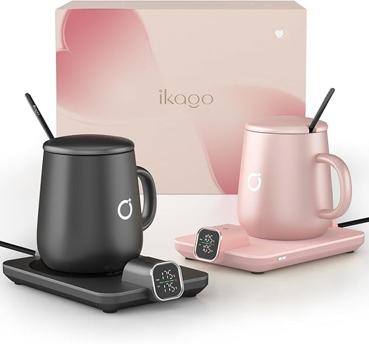2Pcs Heated Coffee Mug Warmer & Mug Set - Heated Mug Warmer Plates with Auto Shut Off, 1°F Precise Electric Coffee Warmer Plates for Desk, Valentine's Day Gift for Couple, Dark Grey and Pink