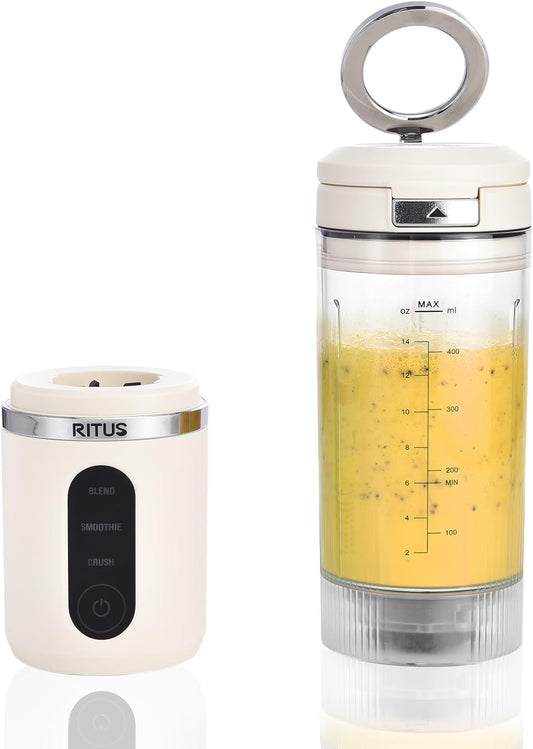 RITUS VORTEX Pro Portable Blender,Personal Blender w/Removable Vessel-for-Smoothies Blend Ice Crush 3 Programs,Cordless 20oz BPA Free Vessel Magnetic-Ring Dishwasher Safe, Leakproof，White