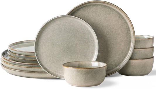 AmorArc Stoneware Dinnerware Sets for 4,Round Reactive Glaze Ceramics Plates and Bowls Set,Highly Scratch Resistant Dishware | Dishwasher & Microwave Safe Dishes Set,Service for 4 (12pc)