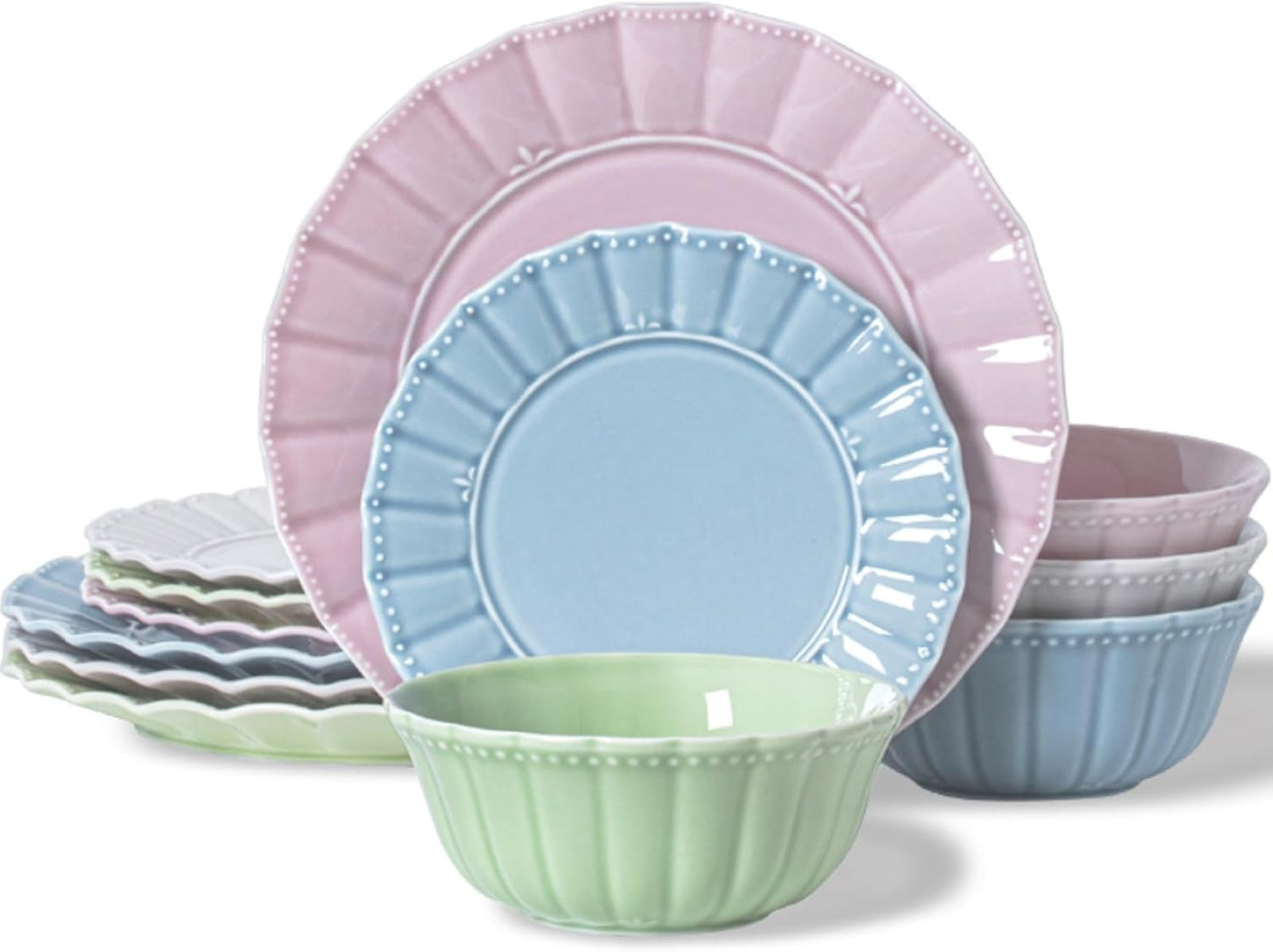 Dinnerware set, Kitchen Plates and Bowls Sets for 4, Porcelain dish set for party, House gift, Microwavable safe, Mixed Colors